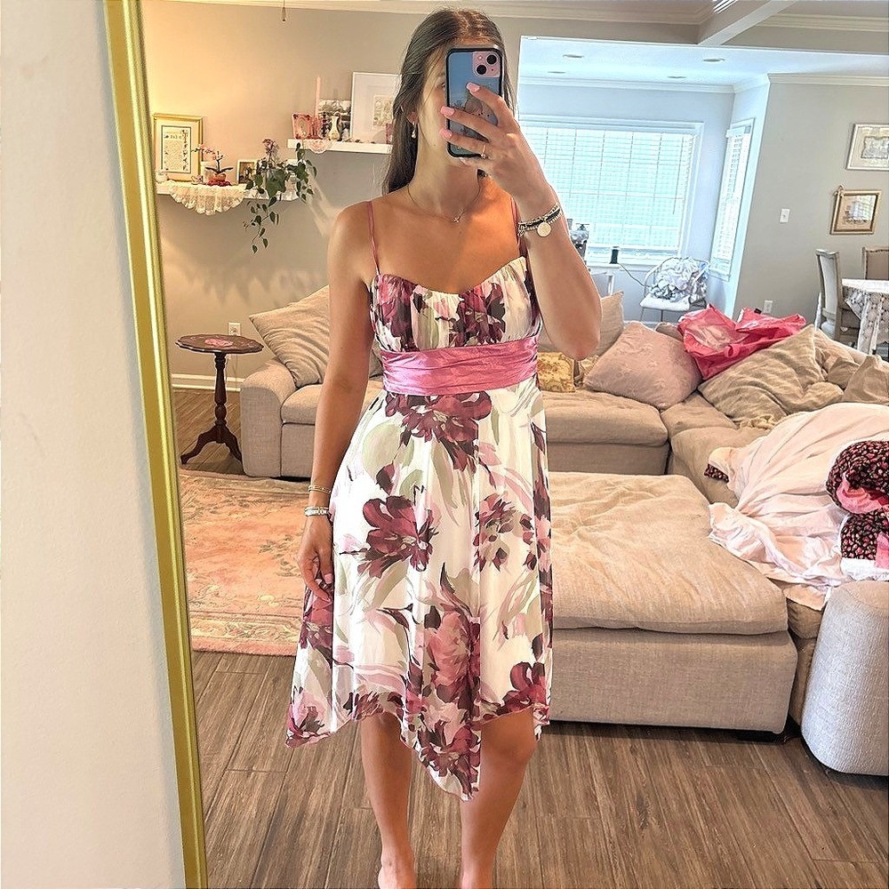 y2k Speechless Floral Midi Dress Pink Excellent Handkerchief Hem Empire Waist L